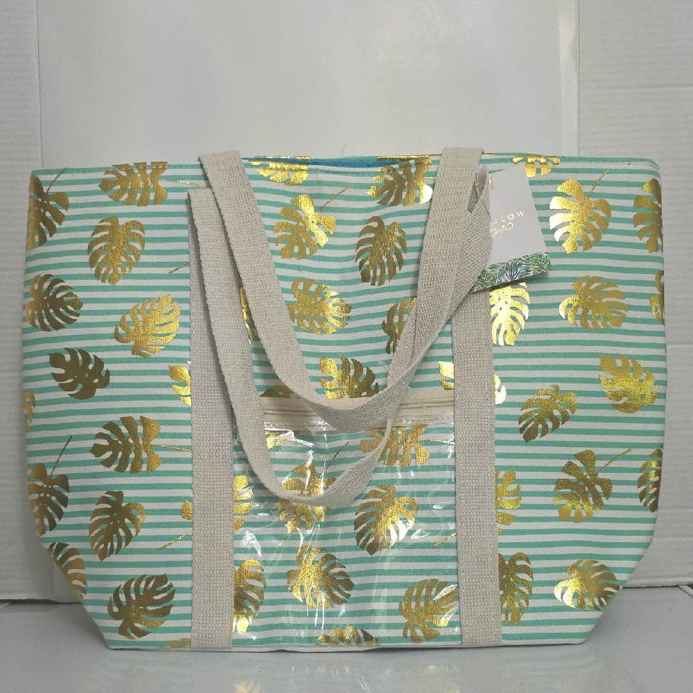 Sun Glow Women's Aqua Striped Beach Tote with Gold Leaf Print, NWT